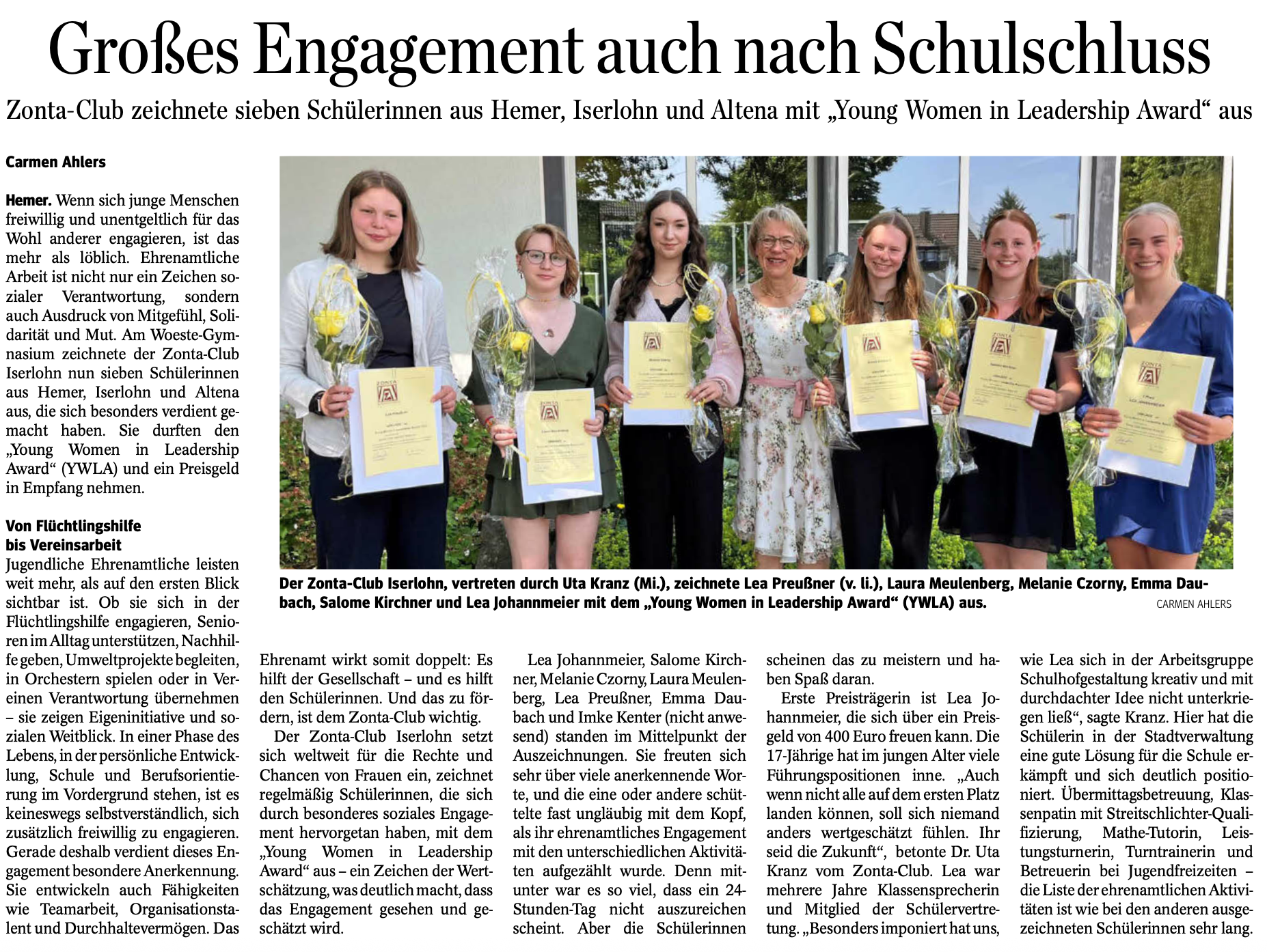 Zonta-Club ehrt Woeste-Schülerinnen für Ehrenamt