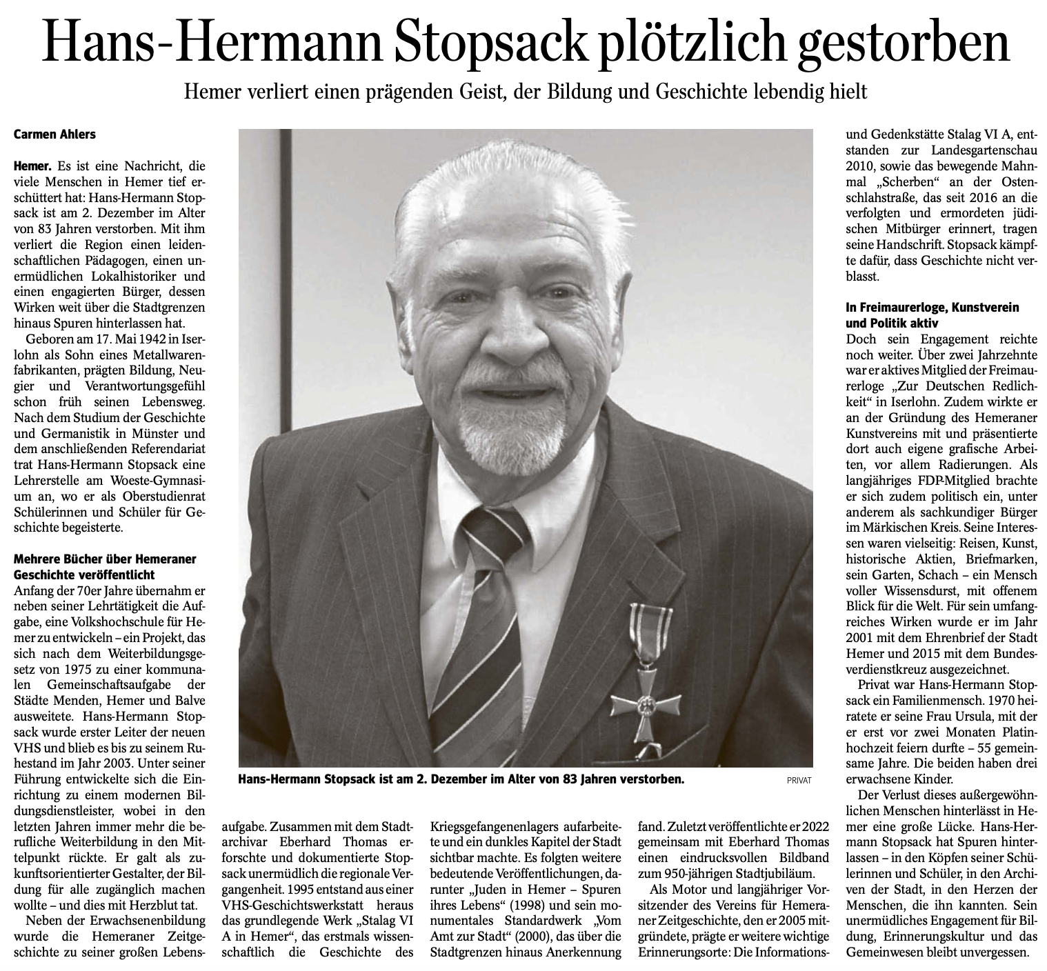 Nachruf: Trauer um ehemaligen Kollegen Hans-Hermann Stopsack