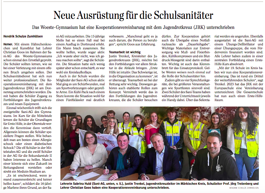 Neue Ausrüstung für die Schulsanitäter: Kooperation mit dem JRK