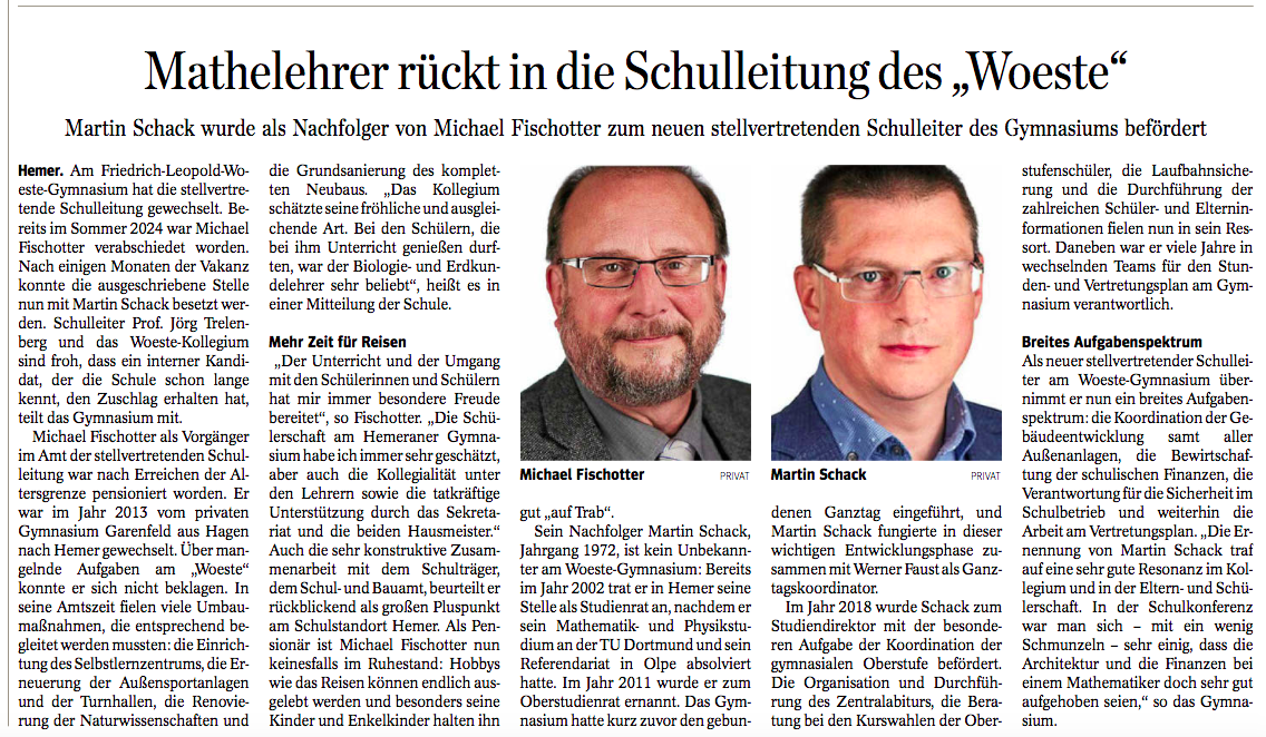Neuer stellvertretender Schulleiter am Woeste-Gymnasium
