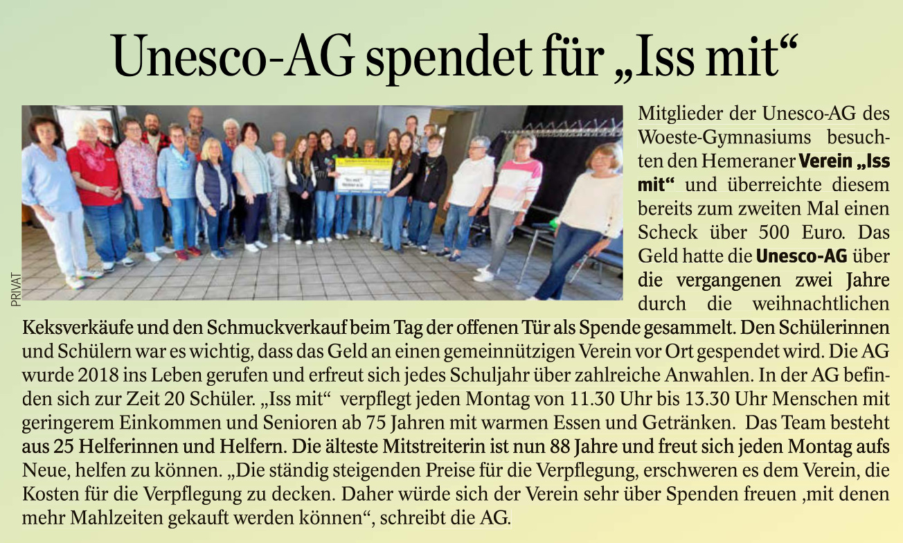 UNESCO-AG spendet 500 Euro an „Iss mit“