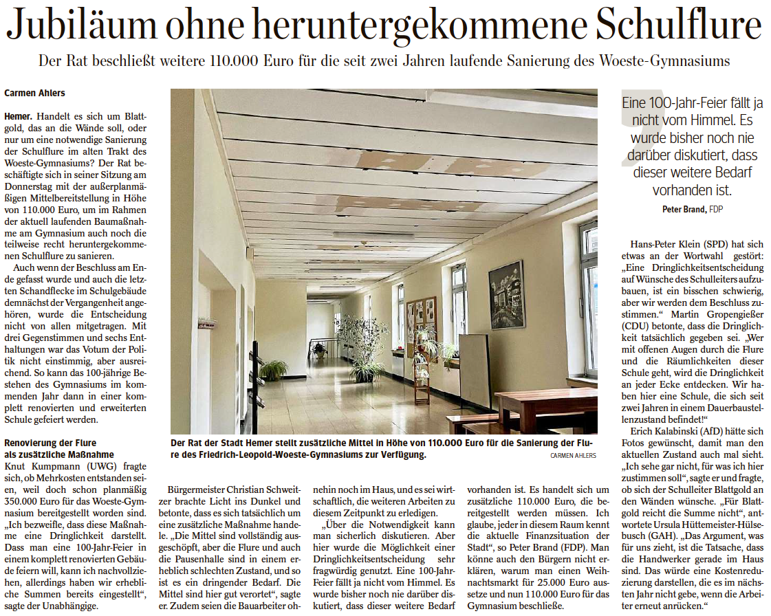 Rat bewilligt 110.000 Euro für die Sanierung der Schulflure