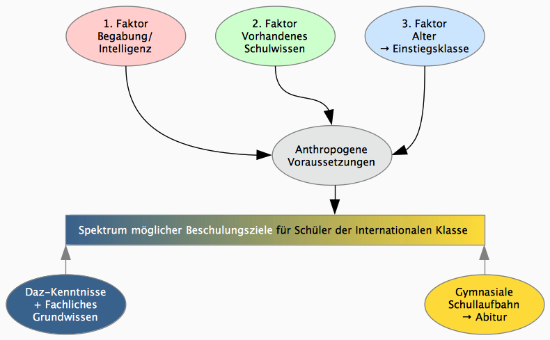Grafik: Faktoren, von denen das Beschulungsziel abhängt – Fähigkeiten, Vorwissen, Alter