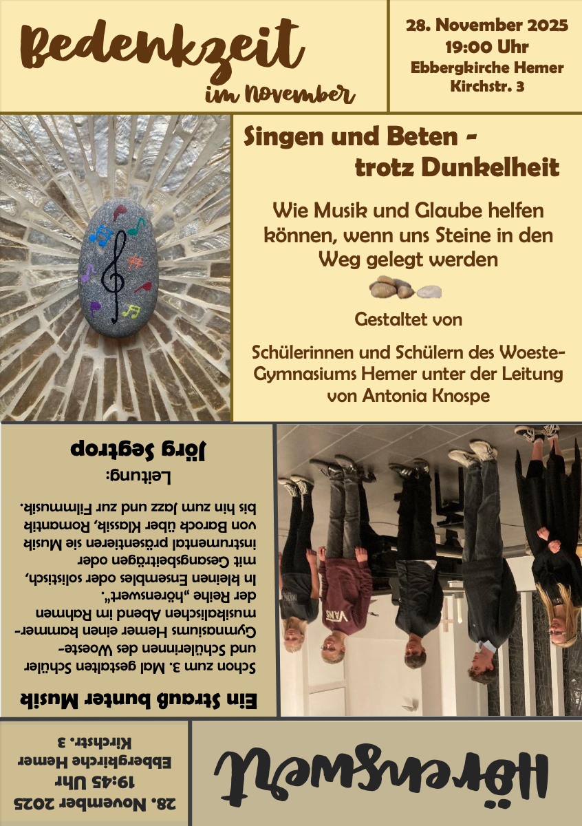 „Bedenkzeit“ und „Hörenswert“: Andacht und Konzert in der Ebbergkirche