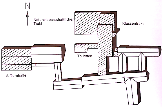Schraffiert: Erweiterungsbau des Gymnasiums