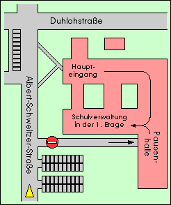 Lageskizze: Anfahrt zum Woeste-Gymnasium über Parkstraße, Mühlackerweg, Hermann-von-der-Becke-Straße und Feldstraße zur Albert-Schweitzer-Straße
