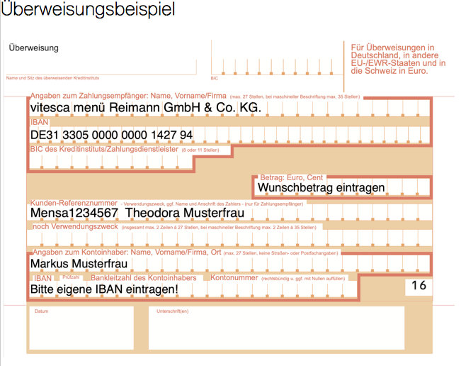 Beispiel einer Überweisung mit dem Verwendungszweck Mensa1234567