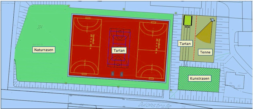 Lageplan der Außensportanlagen an der Dulohstraße mit Naturrasen, Tartanfläche mit Spielfeldern, Tartanbahn, Tennenfläche und Kunstrasen